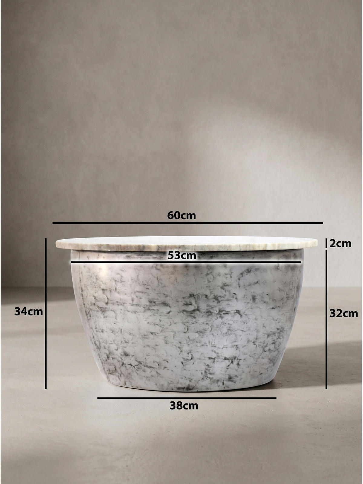 COUCHTISCH HAVEL, Marmor, handgefertigt, Beige-Silber, Ø 60 x 34 cm - Silberfarben, Stein/Metall (60/60/34cm) - KADIMA DESIGN