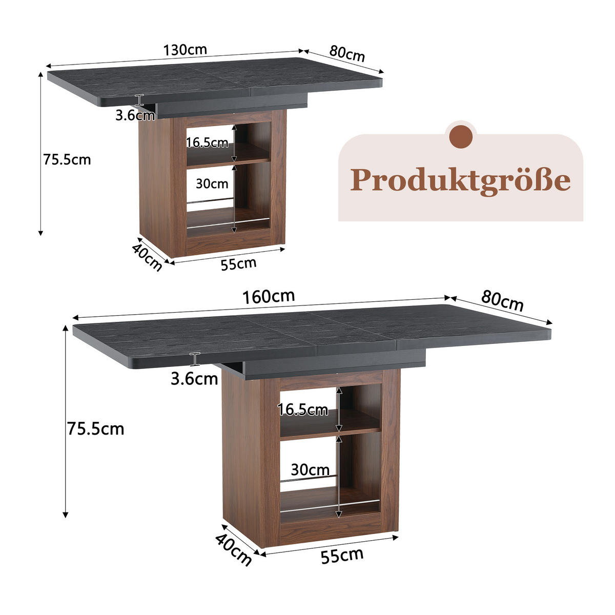 ESSTISCH ausziehbar 130-160 cm mit Ablage DE-40075 Schwarz - Schwarz, Holzwerkstoff (80/160/75.5cm) - ComfortXL