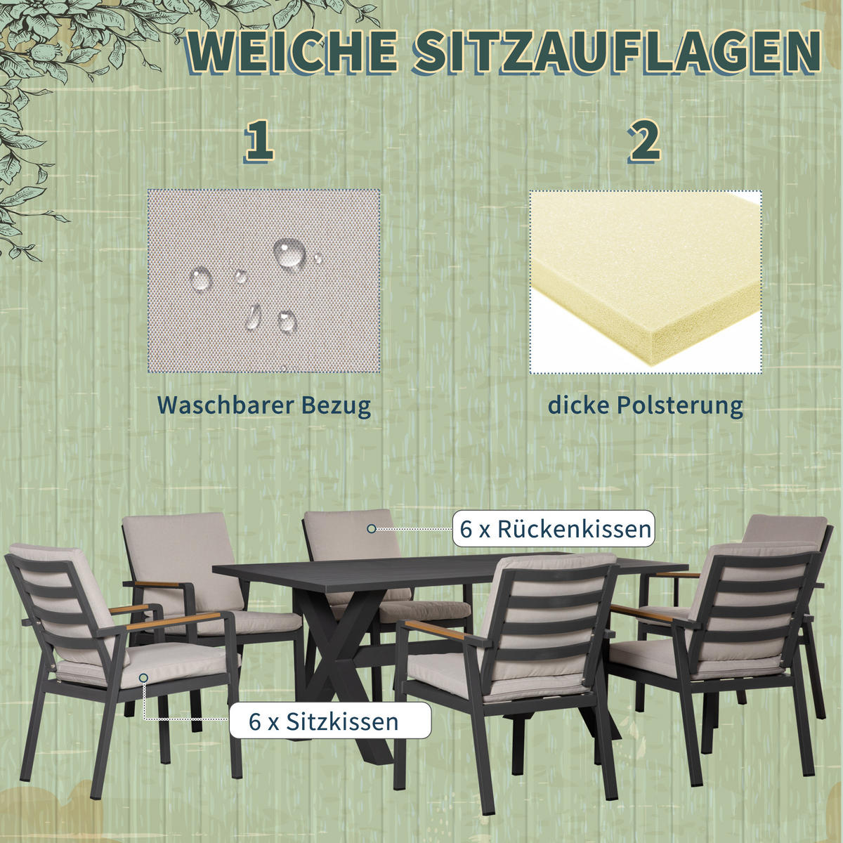 GARTENMÖBEL-SET Sitzgruppe 1 Tisch+6 Stühle mit Auflagen Wetterfest Alu Schwarz+Grau - Grau, Holz/Kunststoff - Outsunny