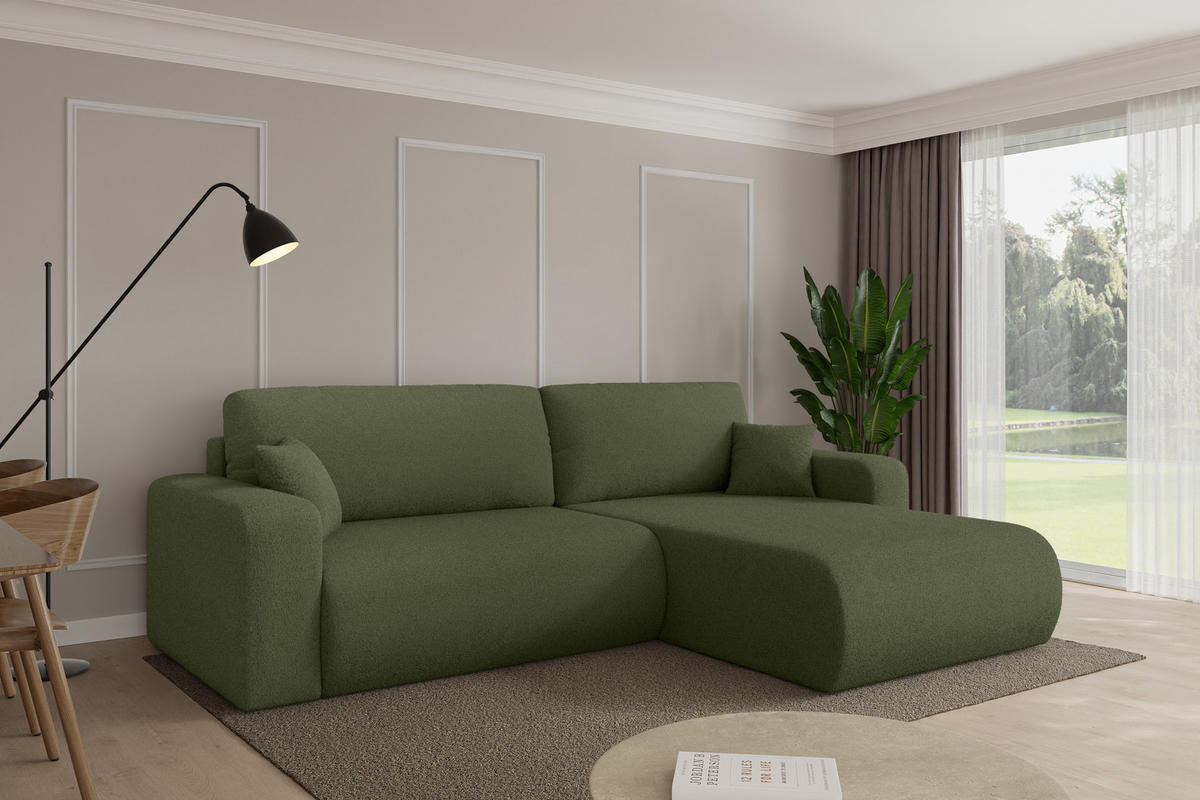 ROHOVÁ SEDAČKA s funkcí spaní, otoman vpravo BERY-L 276x193x88 zelená bouclé - černá/zelená barva, kompozitní dřevo/textil (276/193cm) - ALTDECOR