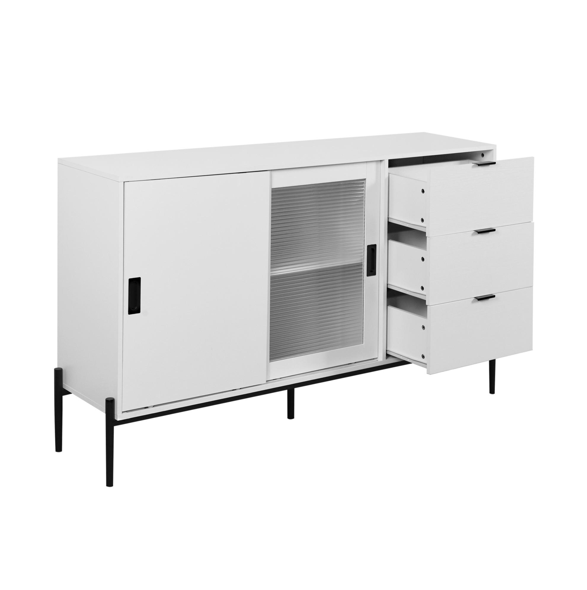 SIDEBOARD 2 Türen x 3 Schubladen, Weiß mit geripptem Glas, Konsolenschrank, eleganter Aufbewahrungs- und Ablagetisch, 155/40/91,5 cm, Weiß - Weiß, Holzwerkstoff (155/91.5/40cm) - Redom