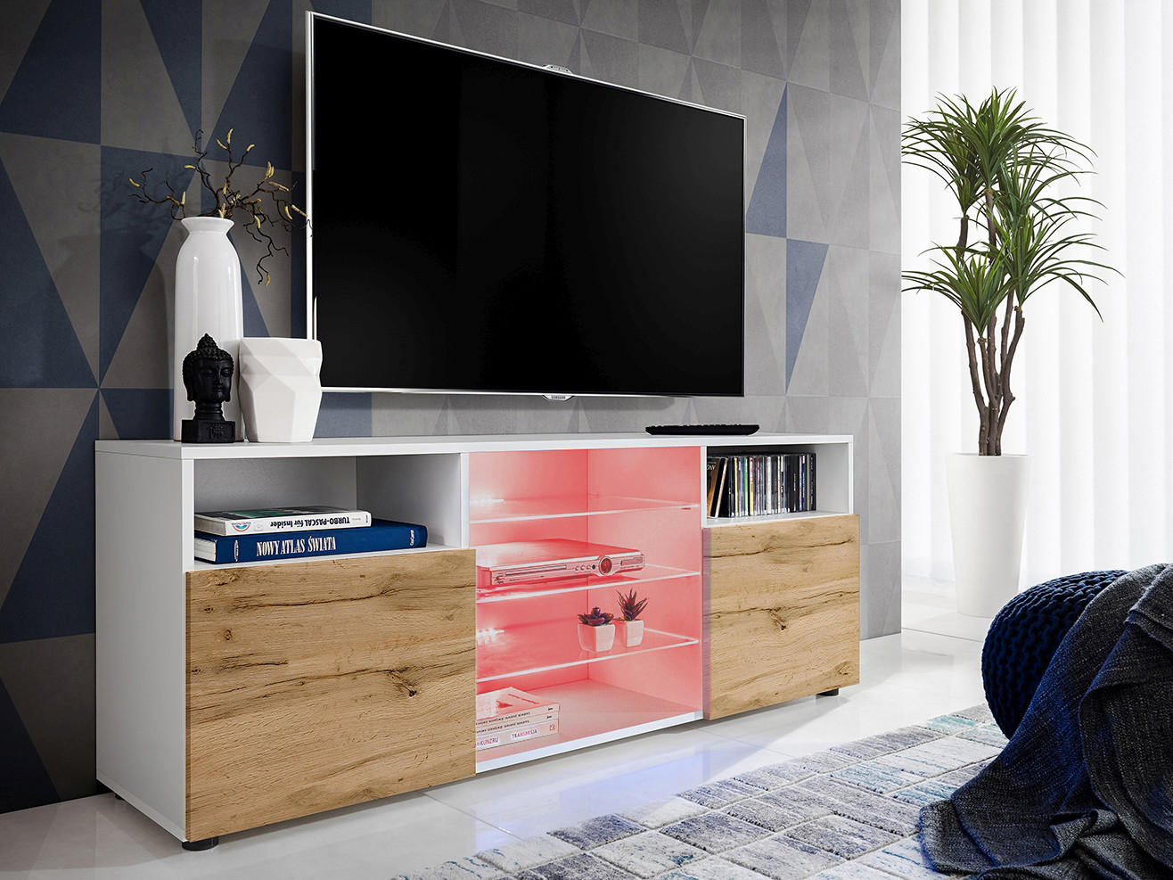 SIDEBOARD TV URBINO Weiß, LED Beleuchtung Mehrfarbige - Eiche Wotan/Weiß, Glas/Holzwerkstoff (140/53/35cm) - Komodee
