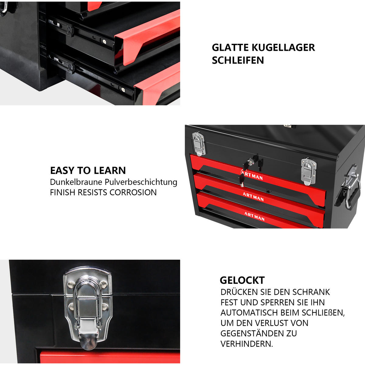 WERKZEUGKISTE TRANSPORTABEL 20 Zoll mit 3 Schubladen, Stahl, Schwarz-Rot - Schwarz, Metall (27/35/50cm) - Novahome