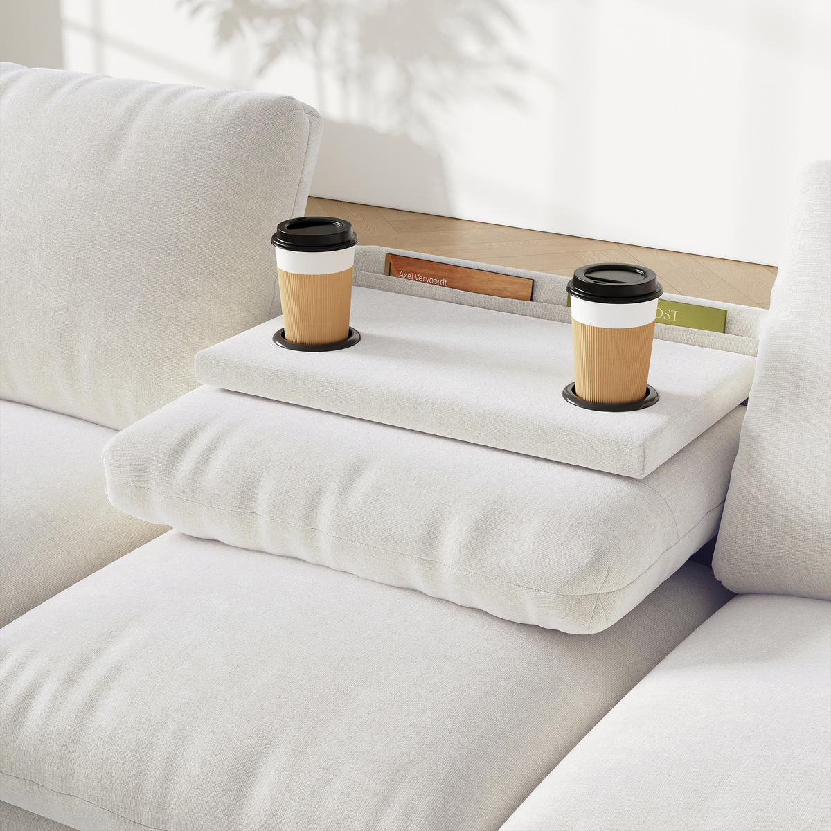 ECKSOFA DE-33393 L-Form mit ausklappbarem Tisch und USB Beige - Beige, Metall (280/137cm) - ComfortXL