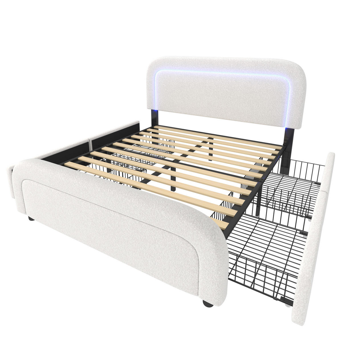 POLSTERBETT mit LED, USB und 4 Schubladen 140x200 cm Sherpa Weiß inkl. Matratze - Weiß, Metall (140/200cm) - Meubliv