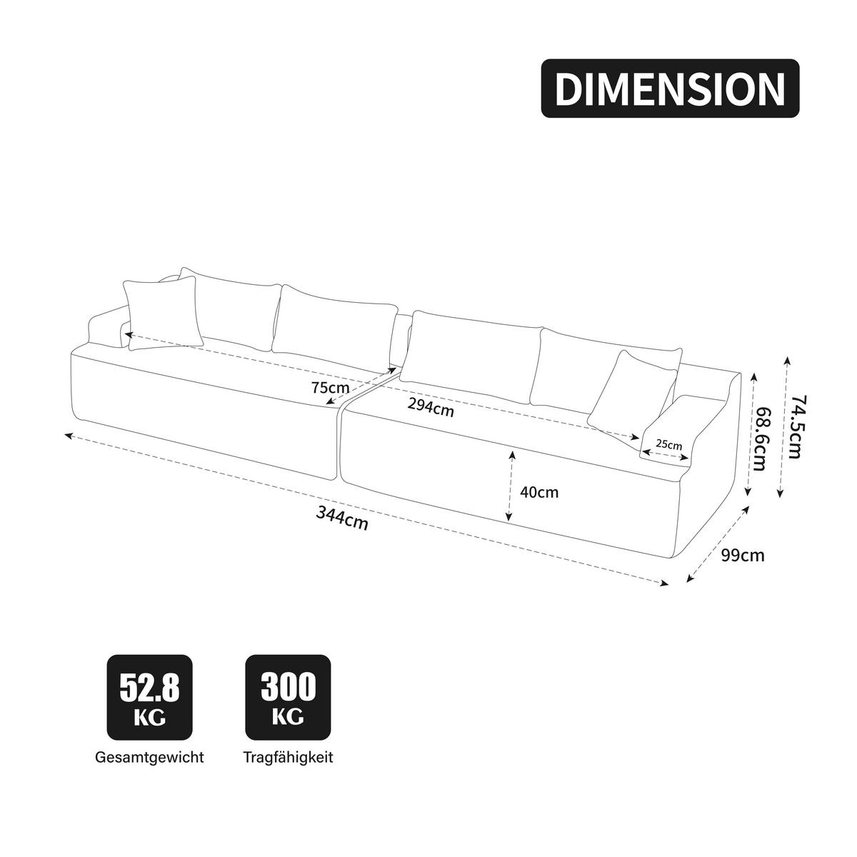 SOFAELEMENT 334/99/74.5 cm Elfenbein Chenille mit 30D hochelastischem Schaumstoff und rutschfestem Bode - Ecru, Textil (99/74.5/344cm) - Oxeza