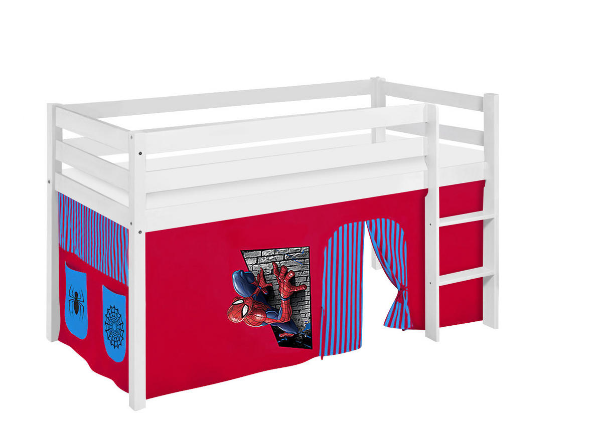 HOCHBETT JELLE mit SPIDERMAN Vorhang - Kinderbett - Weiß, Holz - Lilokids