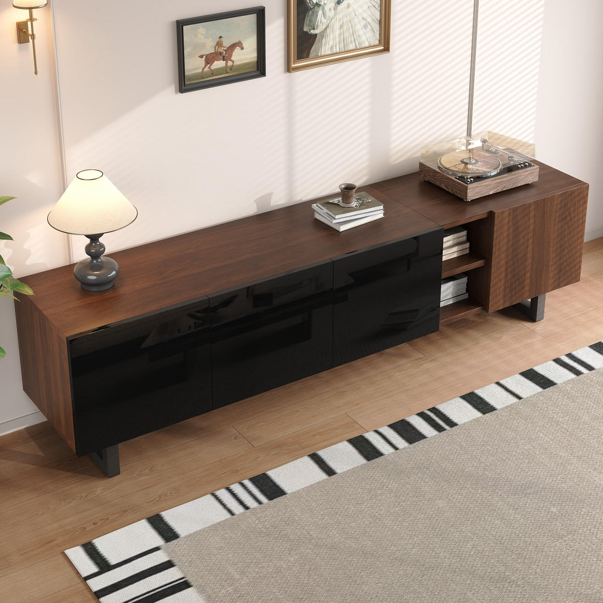 TV-SCHRANK 180x38x50 4 Türen Vintage Holzmaserung Design - Schwarz, Holzwerkstoff (38/50/180cm) - FLIEKS