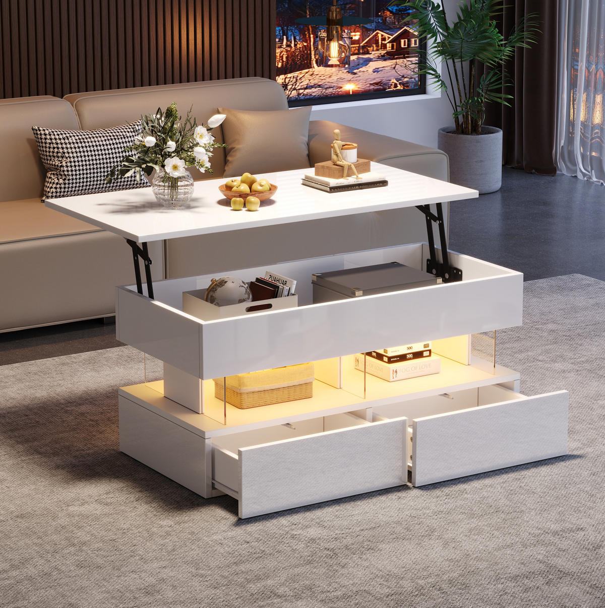 COUCHTISCH aus MDF und Acryl 100x50x46 cm Weiß mit hydraulischer Hubfunktion, 2 Schubladen, LED und verstecktem Stauraum - Weiß, Holzwerkstoff (120/50/46cm) - Modfu