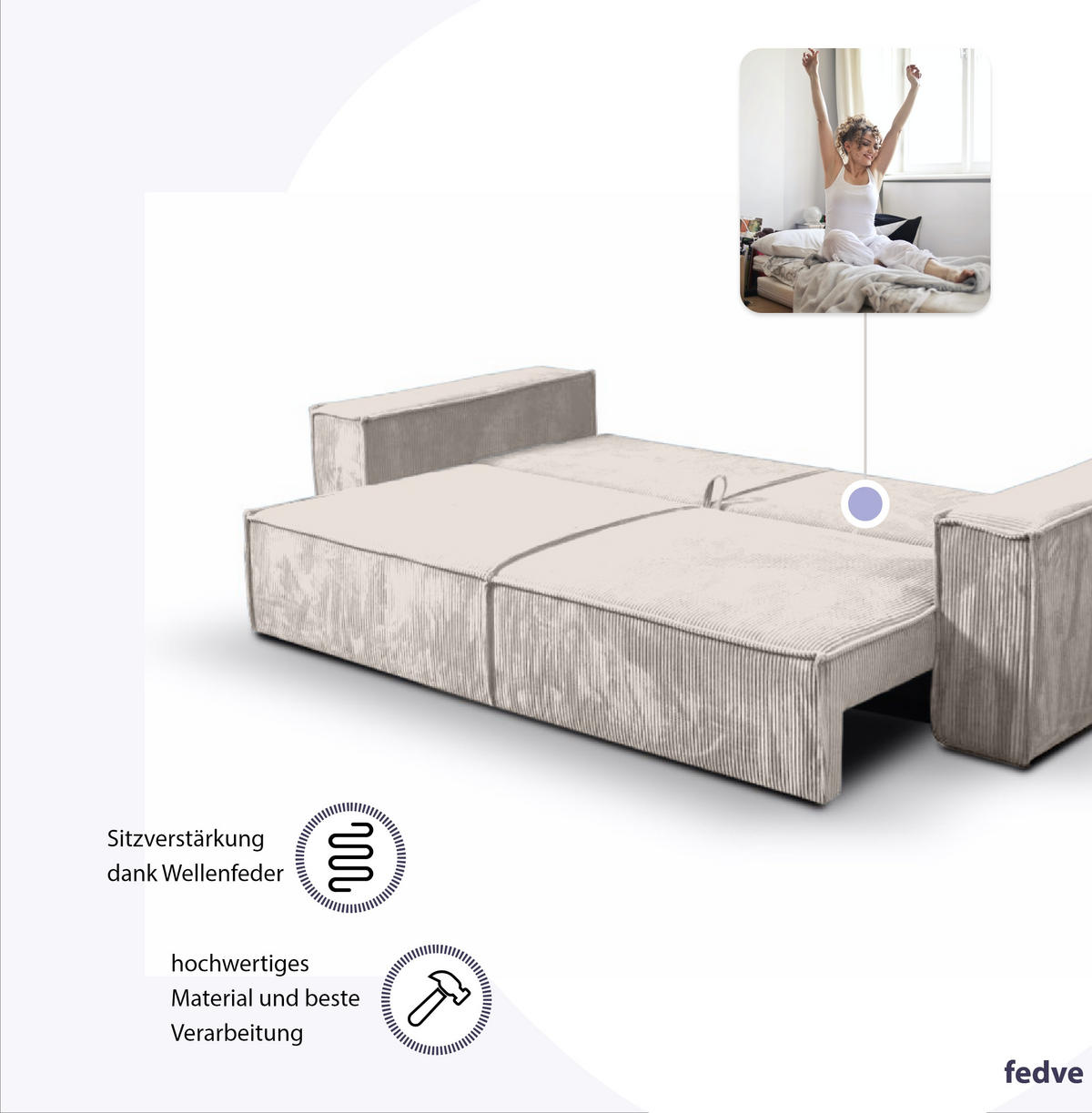 SCHLAFSOFA Sekwana Hellbeige (Poso 100) - Creme, Textil (255/85/105cm) - Fedve
