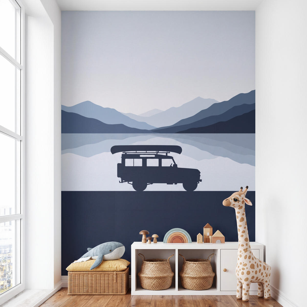 KINDERTAPETE - Auto - See - Berge - Blau - 200x300 cm - Blaugrau, Papier (200/300cm) - OnlyWow