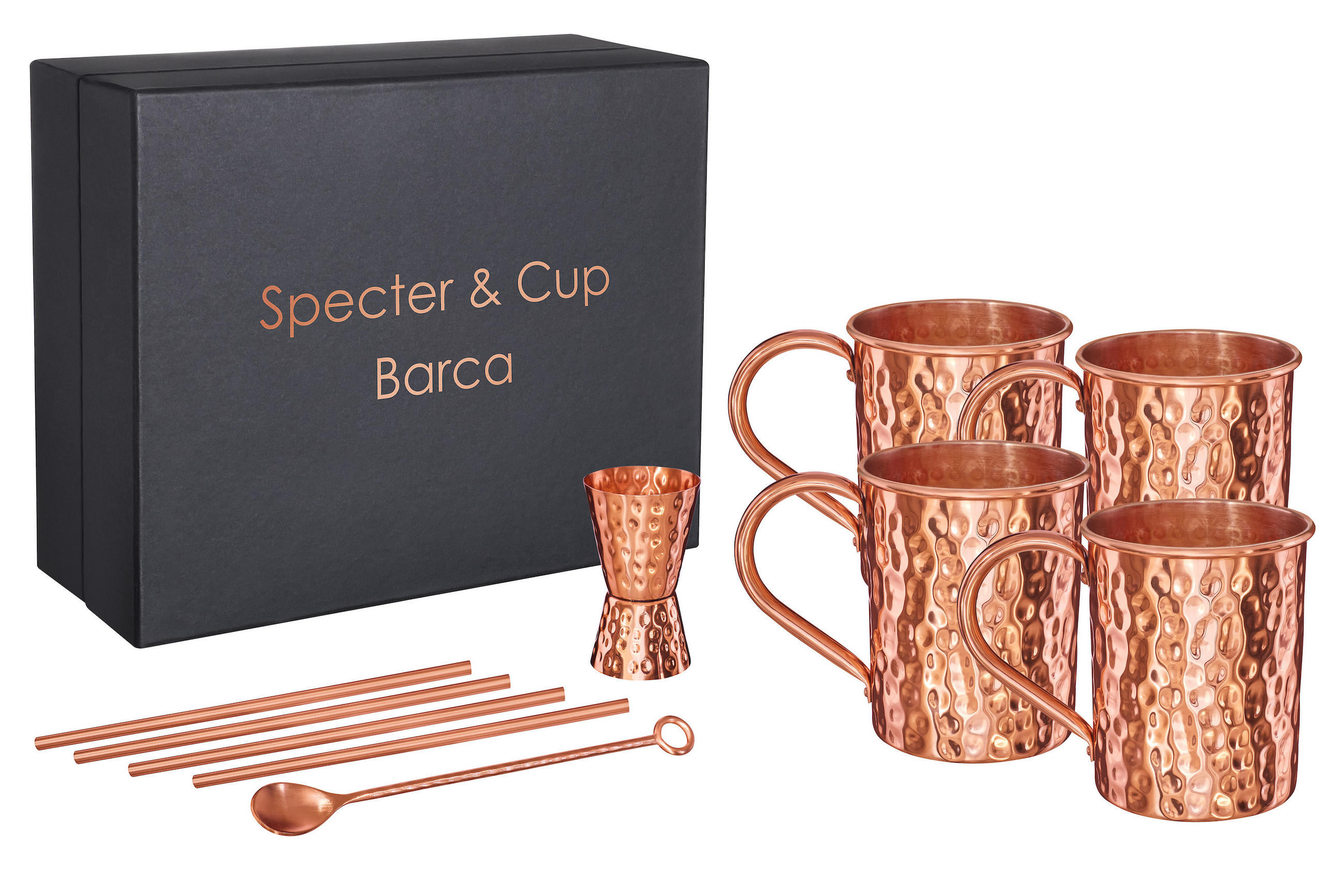 KUPFERBECHER, Cocktailbecher BARCA 4er Set Moscow Mule 400ml + Zubehör - Kupferfarben, Paraffin (8.5/10.5/10.5cm) - Specter & Cup