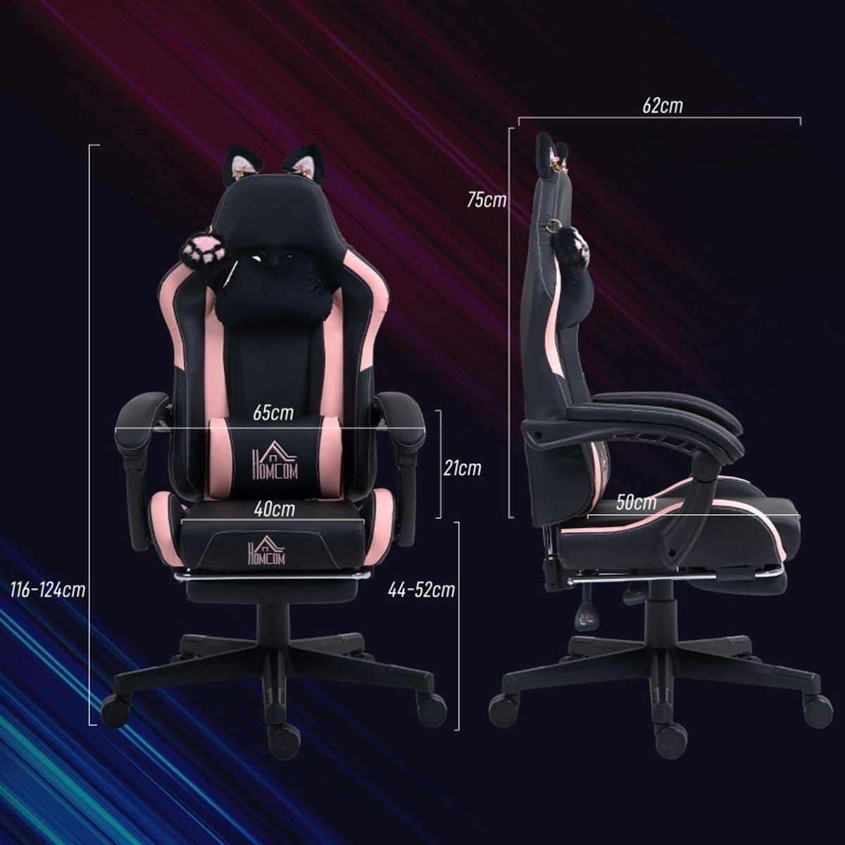 GAMING Stuhl mit Katzenohren, Lendenwirbelstütze, Fußstütze, Kopfkissen, höhenverstellbar, Liegefunktion Schwarz-Rosa - Schwarz, Leder (62/116/65cm) - BRILVERDE