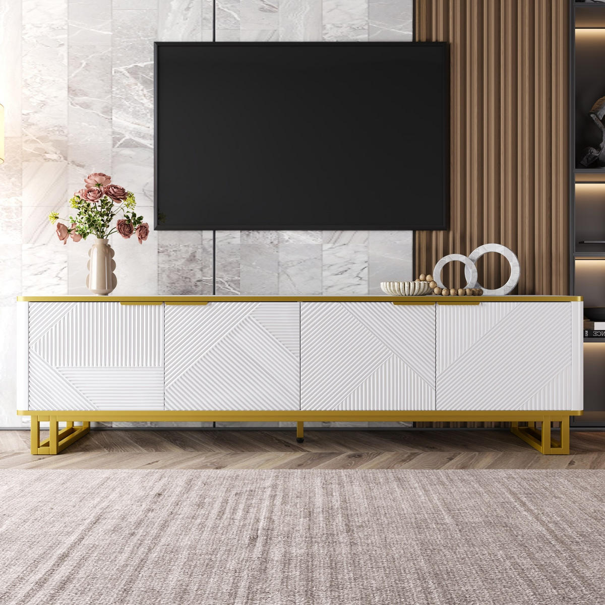 TV Lowboard 160x37,5x48 cm, 4 Türen, geometrische Front, Weiß - Weiß, Holz (160/48/37cm)