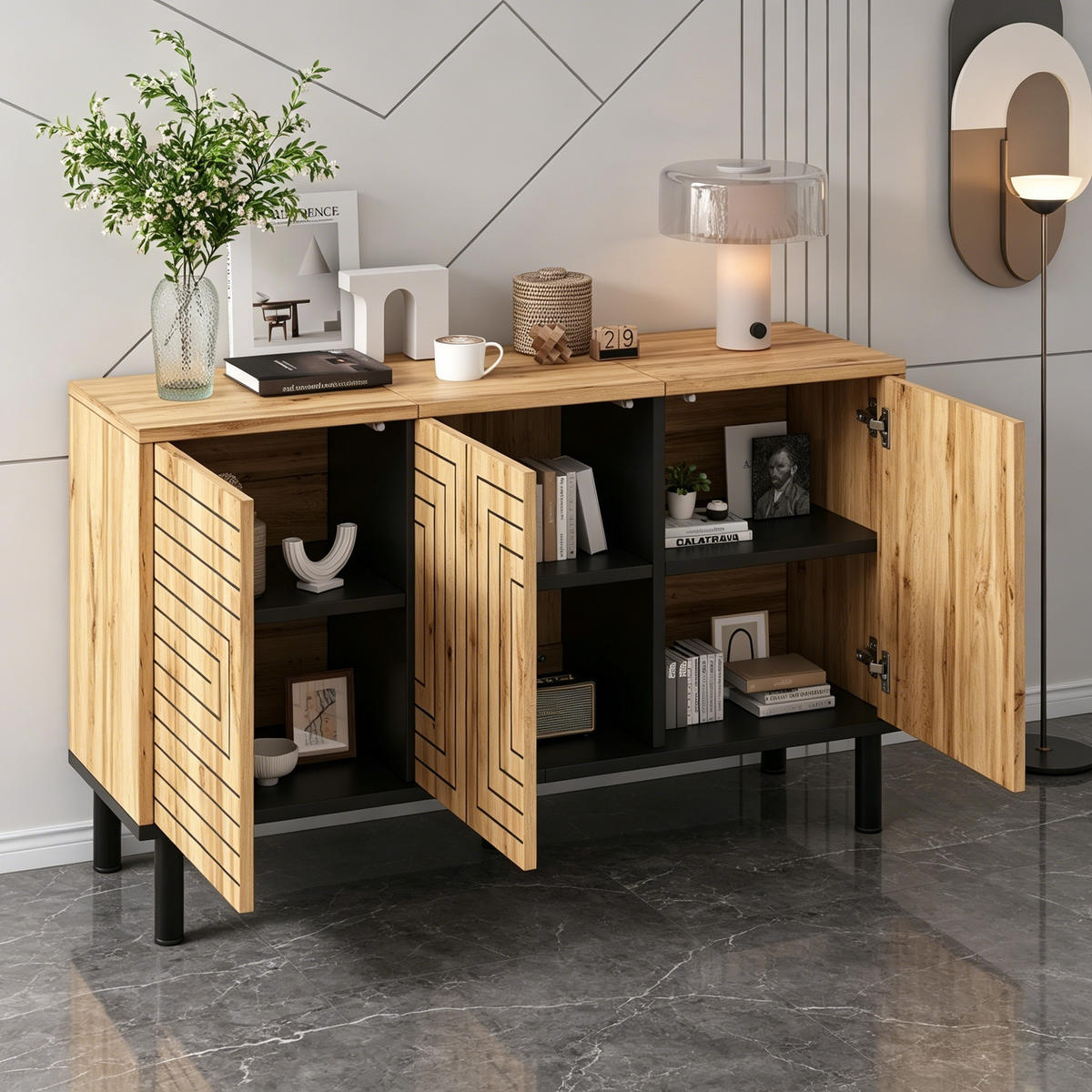 SIDEBOARD mit Wellenmuster und 3 Türen mit Rückprallmechanismus MDF 120/35/68 cm - Naturfarben, Holzwerkstoff (120/68/35cm) - EVRYAE