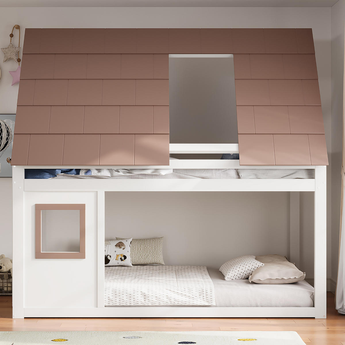 ETAGENBETT 140/200 cm weiß/braun aus Holz mit Dach und Leiter - Weiß, Holzwerkstoff (140/200cm) - OKWISH