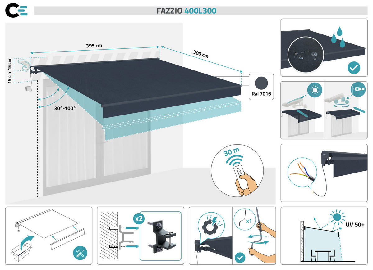 HALBKASSETTENMARKISE Fazzio Graue 4m x 3m motorisierte - Premium-Leinwand 320g/m² - Grau, Metall (400/270/300cm) - Cazeboo