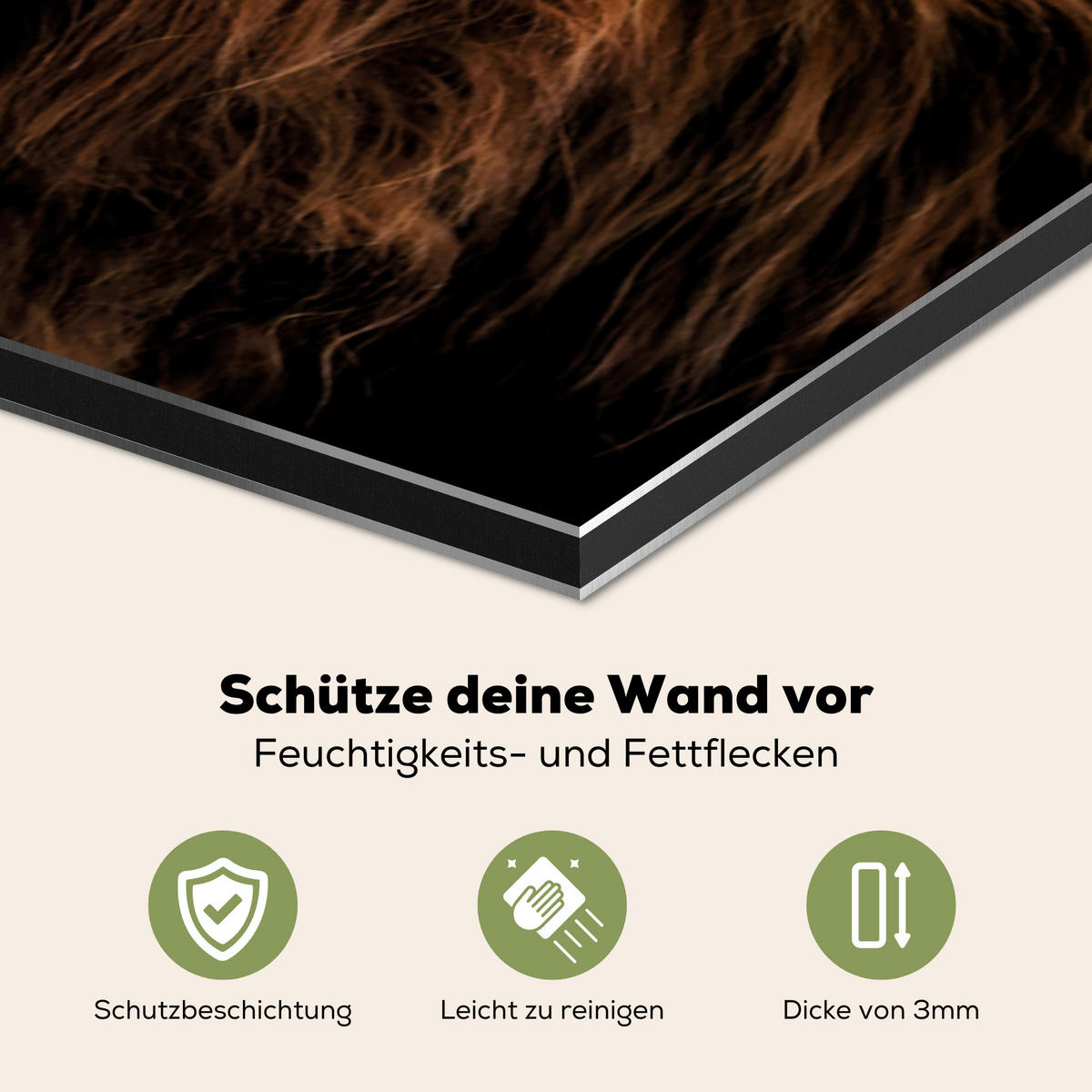 SPRITZSCHUTZ KÜCHE Schottischer Highlander - Hörner - Schwarz - Tiere - Natur - Wild - Kuh 80x55 cm - Cognac, Metall (80/0.3/55cm) - MuchoWow