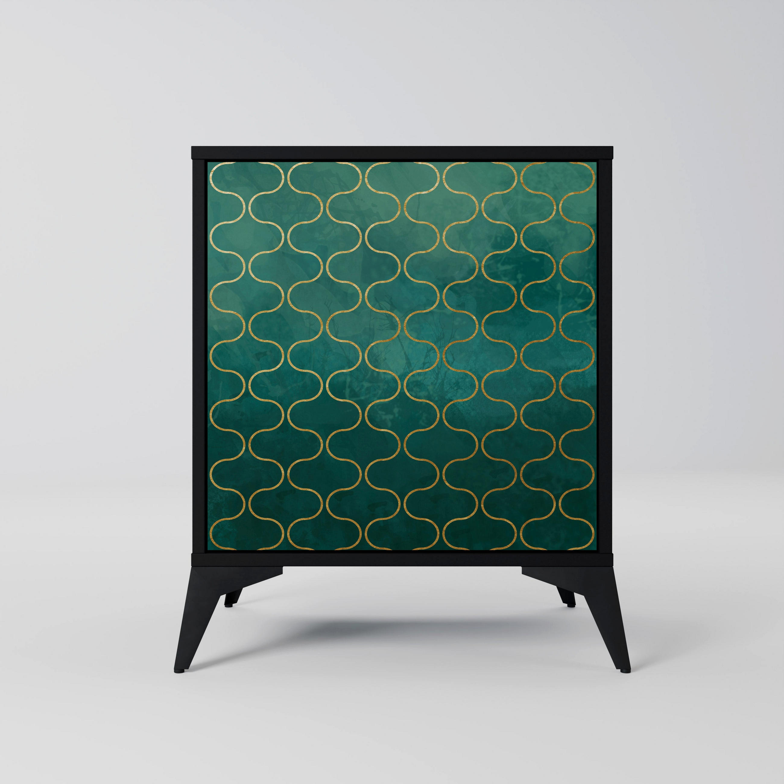 SIDEBOARD TESSELATED GREENERY, Schwarz, 57,5x42x70,5 cm, Schwarze Metall-Sternfüße - Multicolor/Schwarz, Holzwerkstoff/Metall (57.5/70.5/42cm) - SpaceRebels