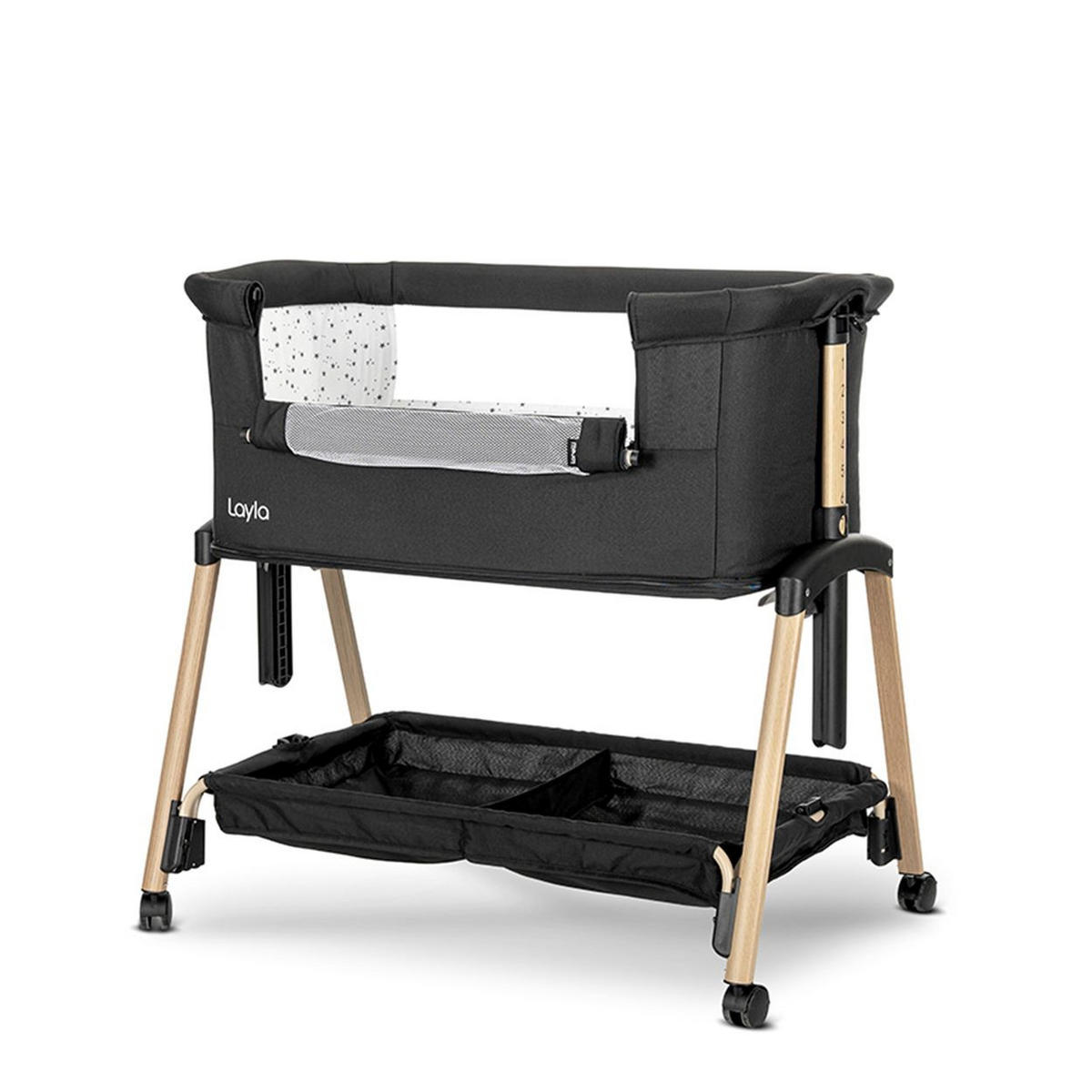 BEISTELLBETT Layla 2 in 1 schwarz 81 x 48 cm, Laufstall, Anti-Reflux, Moskitonetz, Matratze, Räder, Korb - Schwarz, Metall (48/81cm) - Lorelli