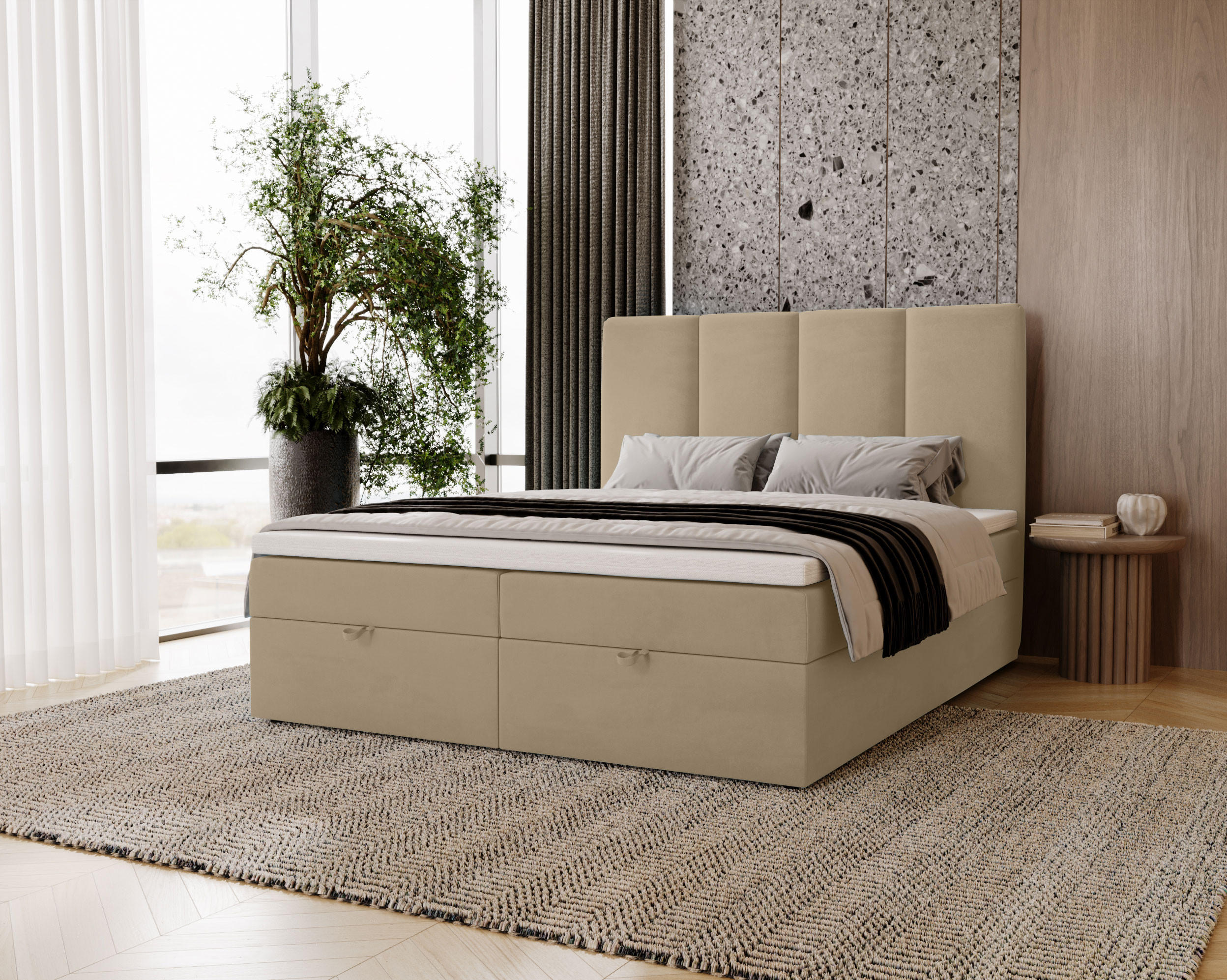 BOXBETT Malmo mit 2 Bettkästen, 120x200, Creme, Velourstoff, Doppelbett mit Bonell-Matratze inkl. Topper - Creme, Holz/Kunststoff (120/200cm)