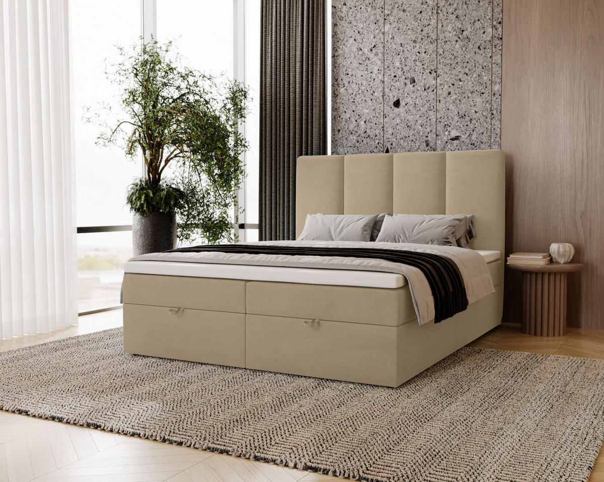 BOXBETT Malmo mit 2 Bettkästen, 120x200, Creme, Velourstoff, Doppelbett mit Bonell-Matratze inkl. Topper - Creme, Holz/Kunststoff (120/200cm)