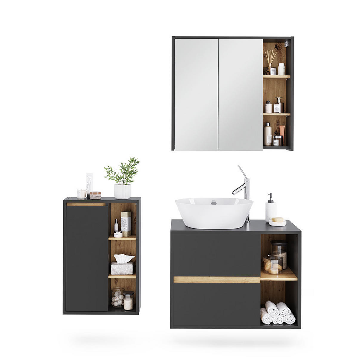 SADA KOUPELNOVÉHO NÁBYTKU Viola Grey/Artisan - šedá/dub artisan, kompozitní dřevo (80/60/46cm) - Vicco