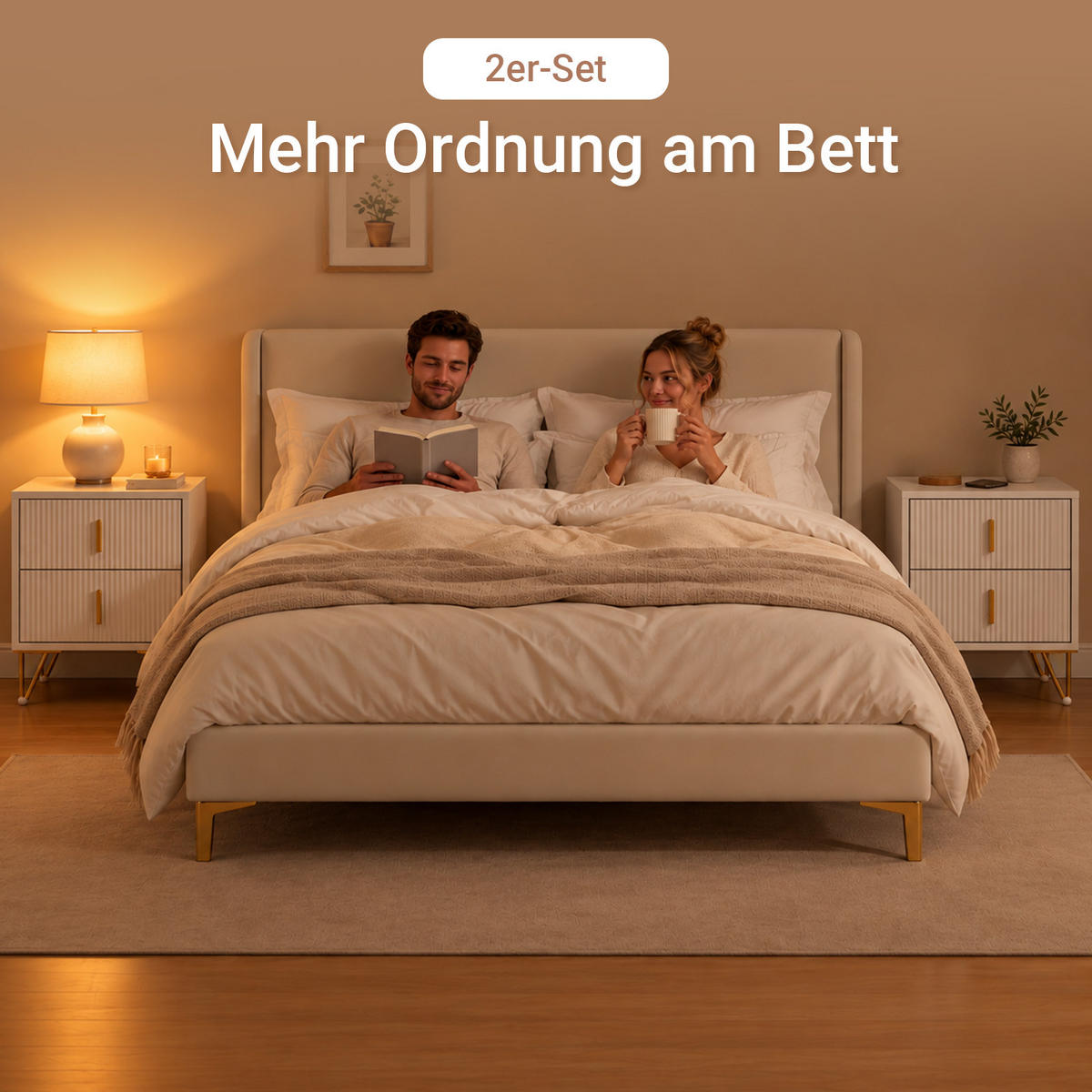 NACHTTISCH 2er Set, Beistelltisch mit 2 Schubladen, Weiß 40x47x40cm, Rillenfront und Metallbeine, modern, Schlafzimmer & Wohnzimmer - Weiß, Holzwerkstoff (40/47/40cm) - SoBuy