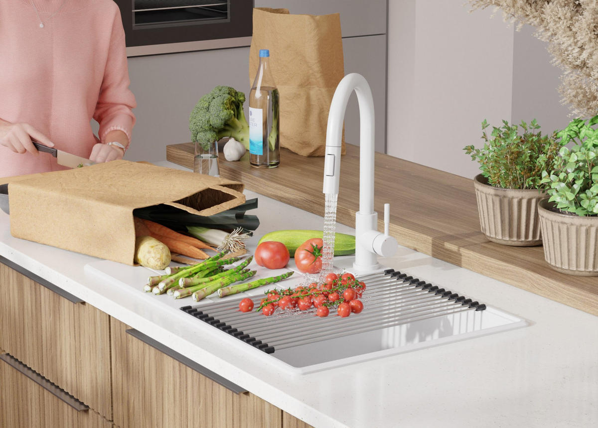 SPÜLBECKEN Kopenhagen, 2-er set Weiß 78/50 cm 1 Becken + Ablauf-Set + Schneidebrett ab 50er Unterschrank - Chromfarben/Beige, Kunststoff (78/20/50cm) - Primagran