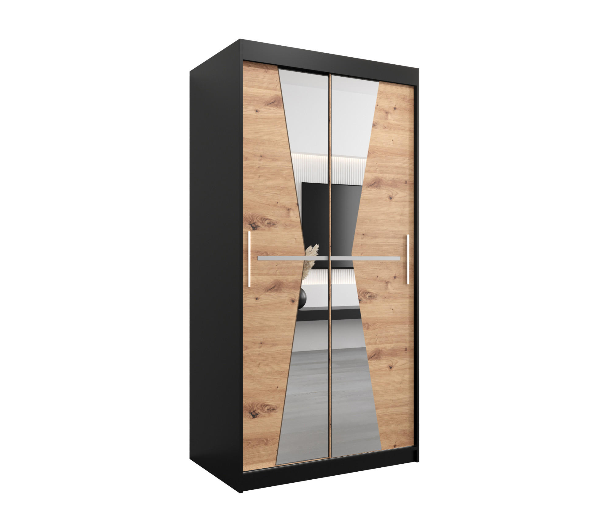 Abiks Möbel Schwebetürenschrank Schwarz, Eiche Artisan 100x200x62 cm