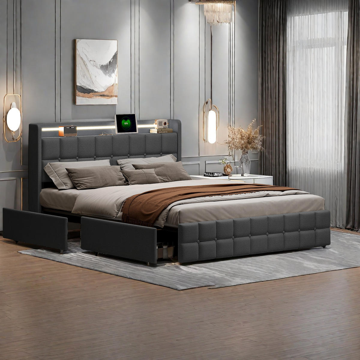 BETT 160x200 cm Polsterbett dunkelgrau mit Stauraum, RGB LED, USB & Lattenrost in Leinenoptik - Grau, Metall (160/200cm) - SHOPENTRA
