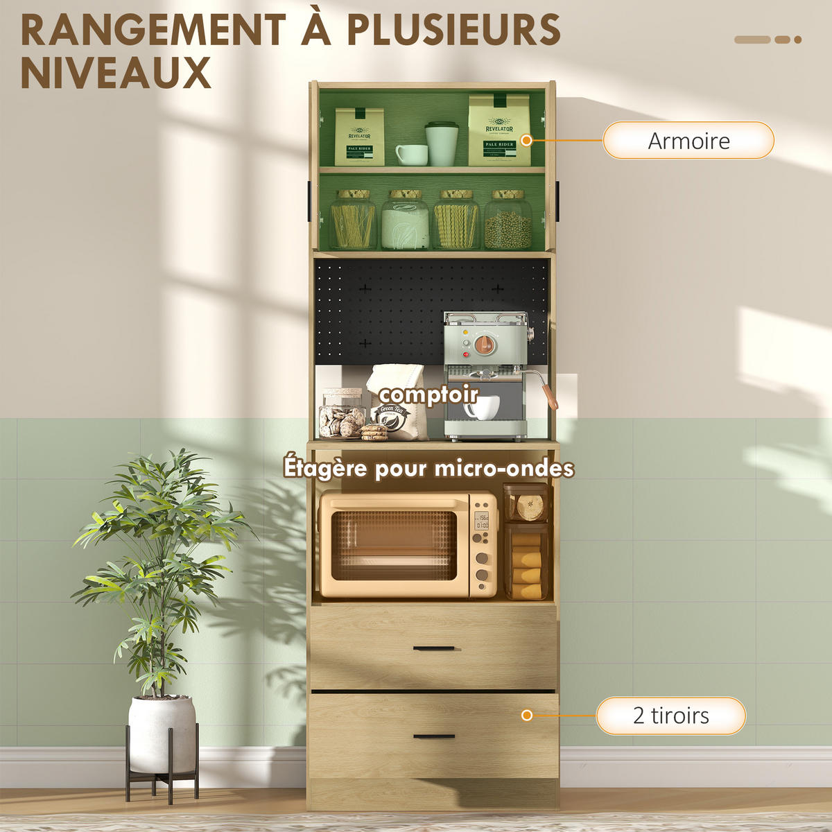 MIKROWELLENUNTERSCHRANK DE-11319 2 Türen, 2 Schubladen Natur - Naturfarben, Holzwerkstoff (40/170/60cm) - ComfortXL
