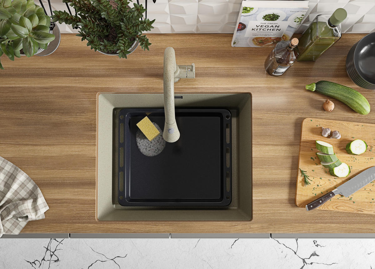 UNTERBAUSPÜLE GRANIT London, 2-er set Beige 56/47 cm 1 Becken + Küchenarmatur 38/14 cm + Ablauf-Set ab 60er Unterschrank - Chromfarben/Beige, Kunststoff (56/20/47cm) - Primagran