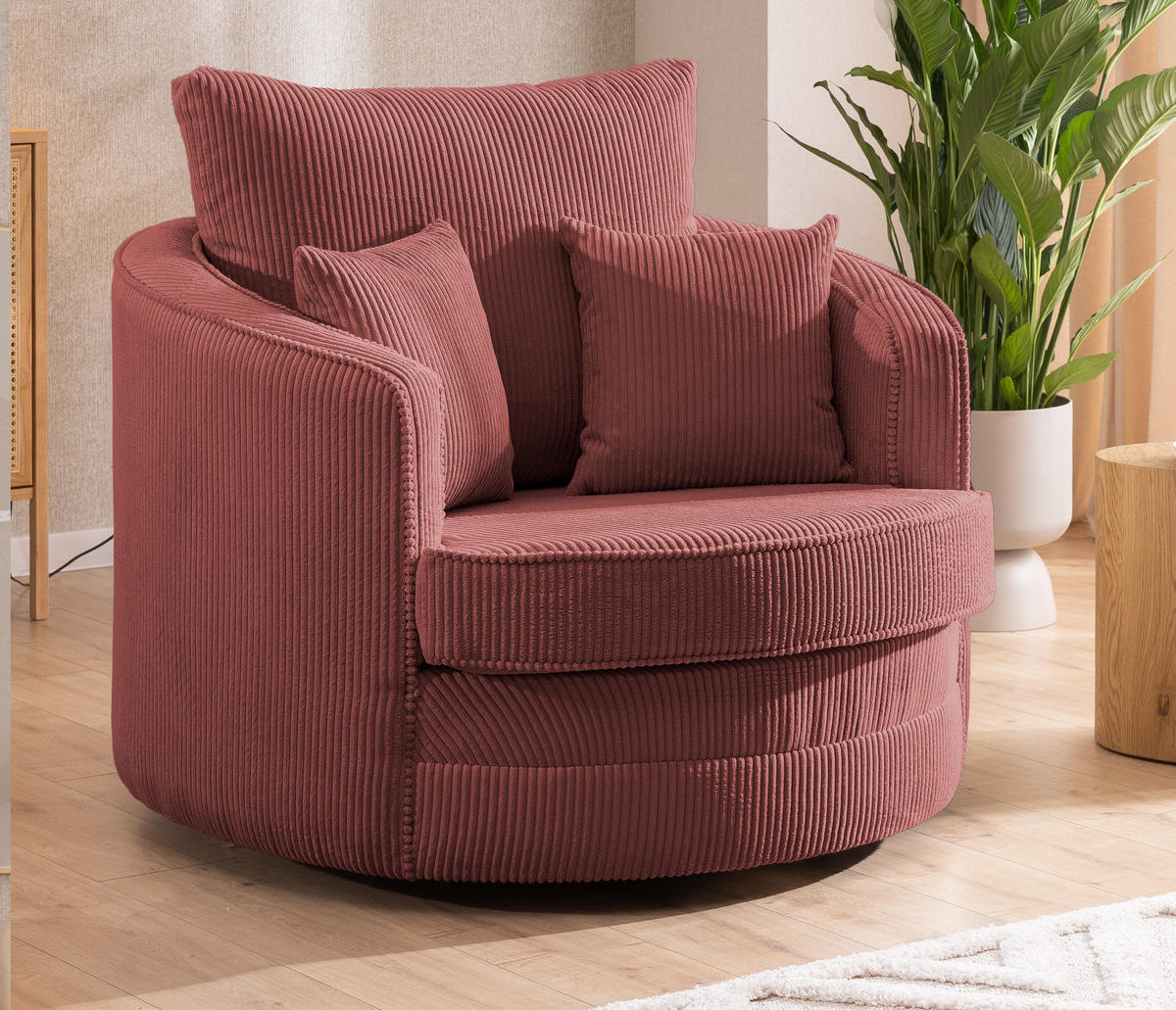 DREHSESSEL Ted aus Terrakotta Cord-Stoff - Terra cotta/Schwarz, Holz/Textil (107/94/100cm) - S-Style Möbel