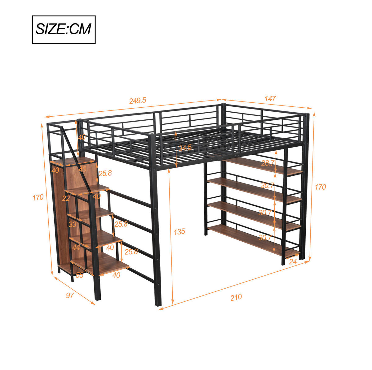 HOCHBETT 140/200 cm aus Metall mit Stauraumtreppe und Rausfallschutz - Schwarz, Metall (140/200cm) - BEAOK