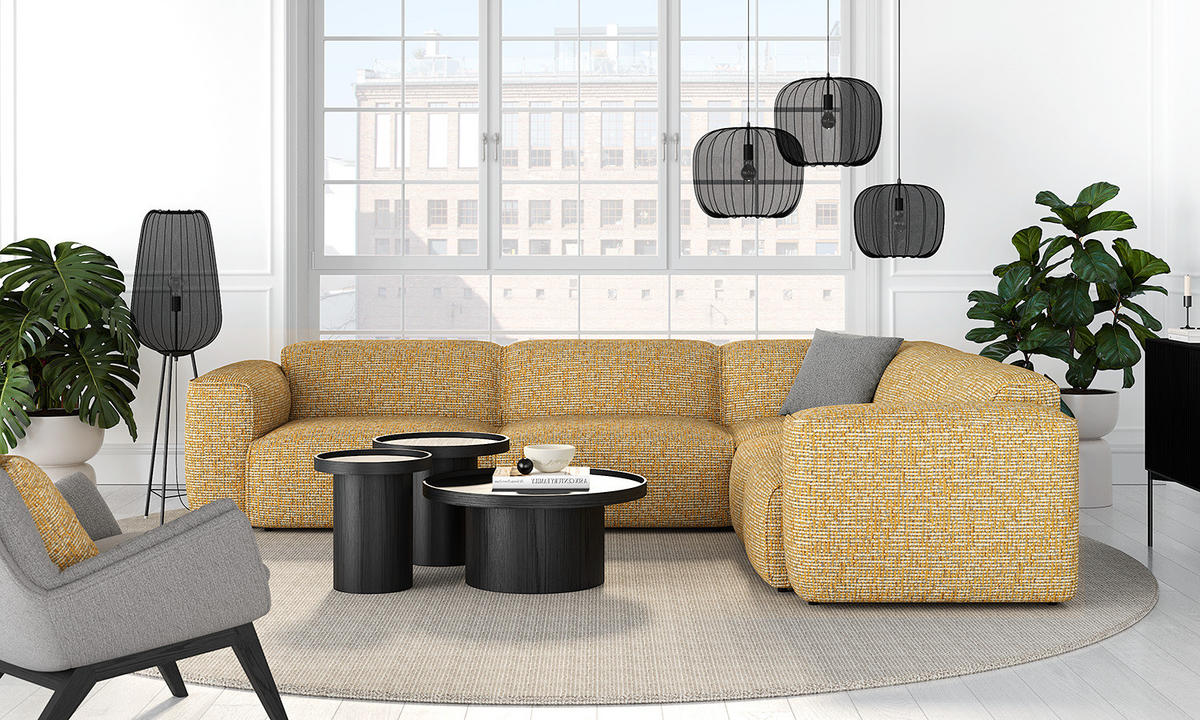 ECKSOFA mit Rundecke - Schwarz/Honig, Kunststoff/Textil (325/260cm) - home24