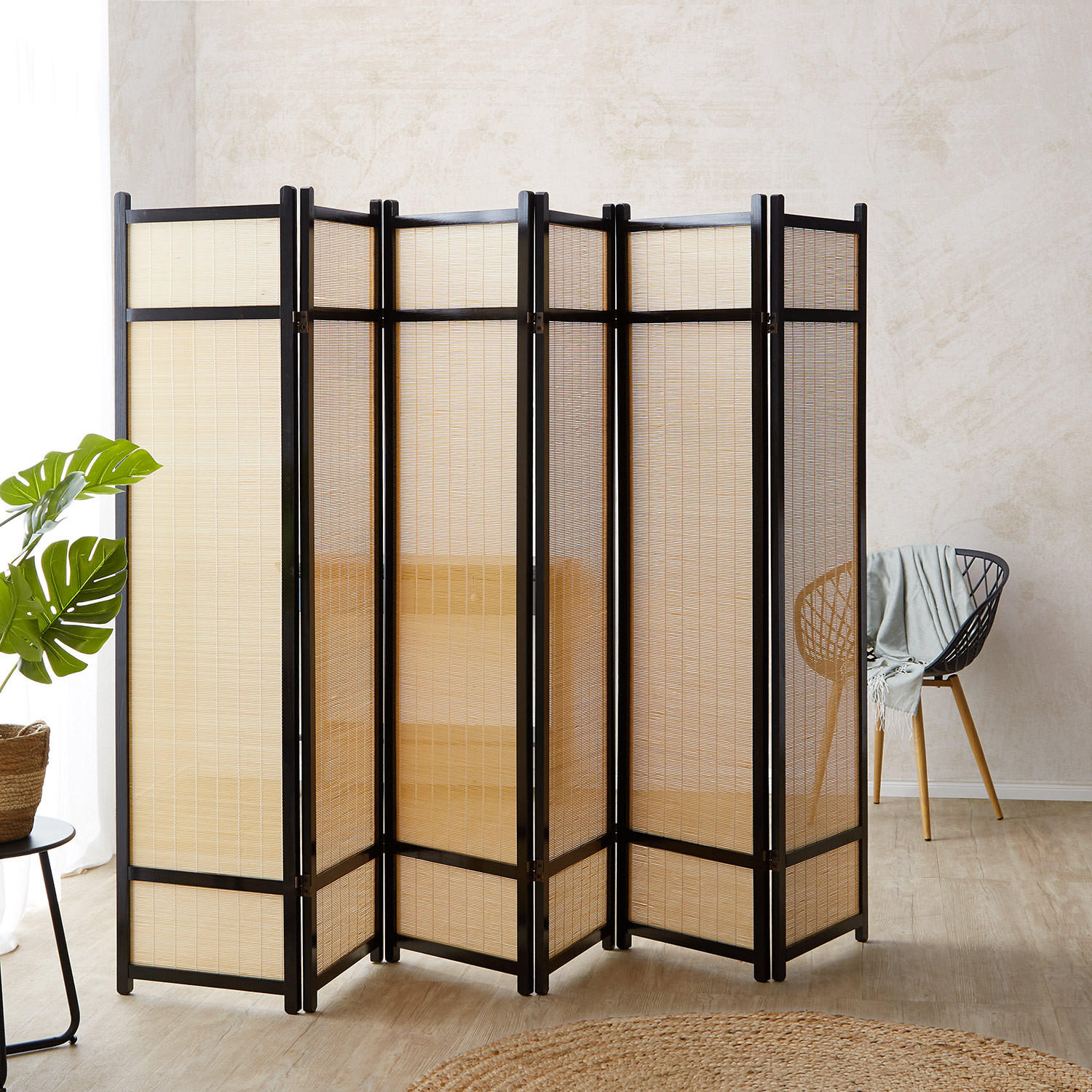 PARAVENT 6-tlg. 264/175 cm Schwarz Bambus - Schwarz, Holz (264/175/2cm) - Homestyle4u