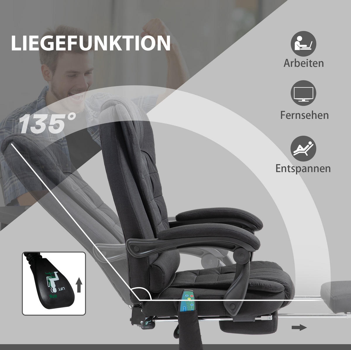 BÜROSTUHL mit Massagefunktion höhenverstellbar Stoff Black - Schwarz, Kunststoff (70/119/65cm) - Meubliv