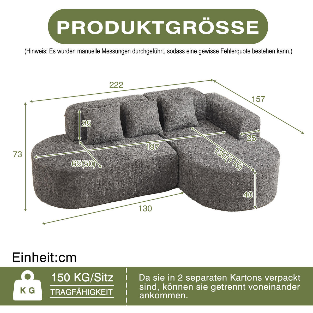 ECKSOFA 222/157/73 cm Grau Chenille mit 3 Kissen (Rechte Seite) - Anthrazit, Textil (157/222cm) - Oxeza
