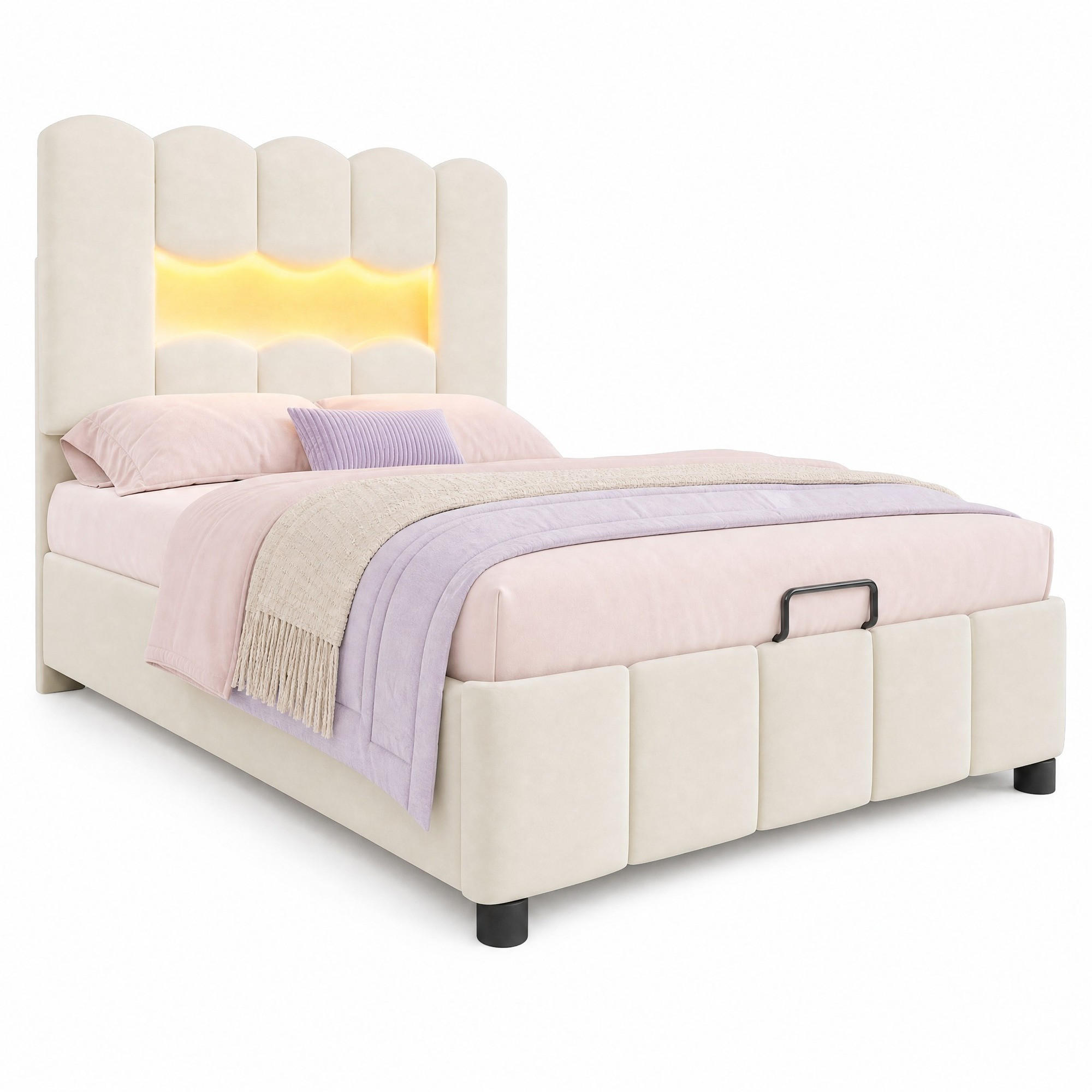 POLSTERBETT 90/200 mit hydraulischem Bettkasten, LED-Beleuchtung und verstellbarem Kopfteil in Beige - Beige, Holzwerkstoff/Textil (90/200cm) - EVRYAE