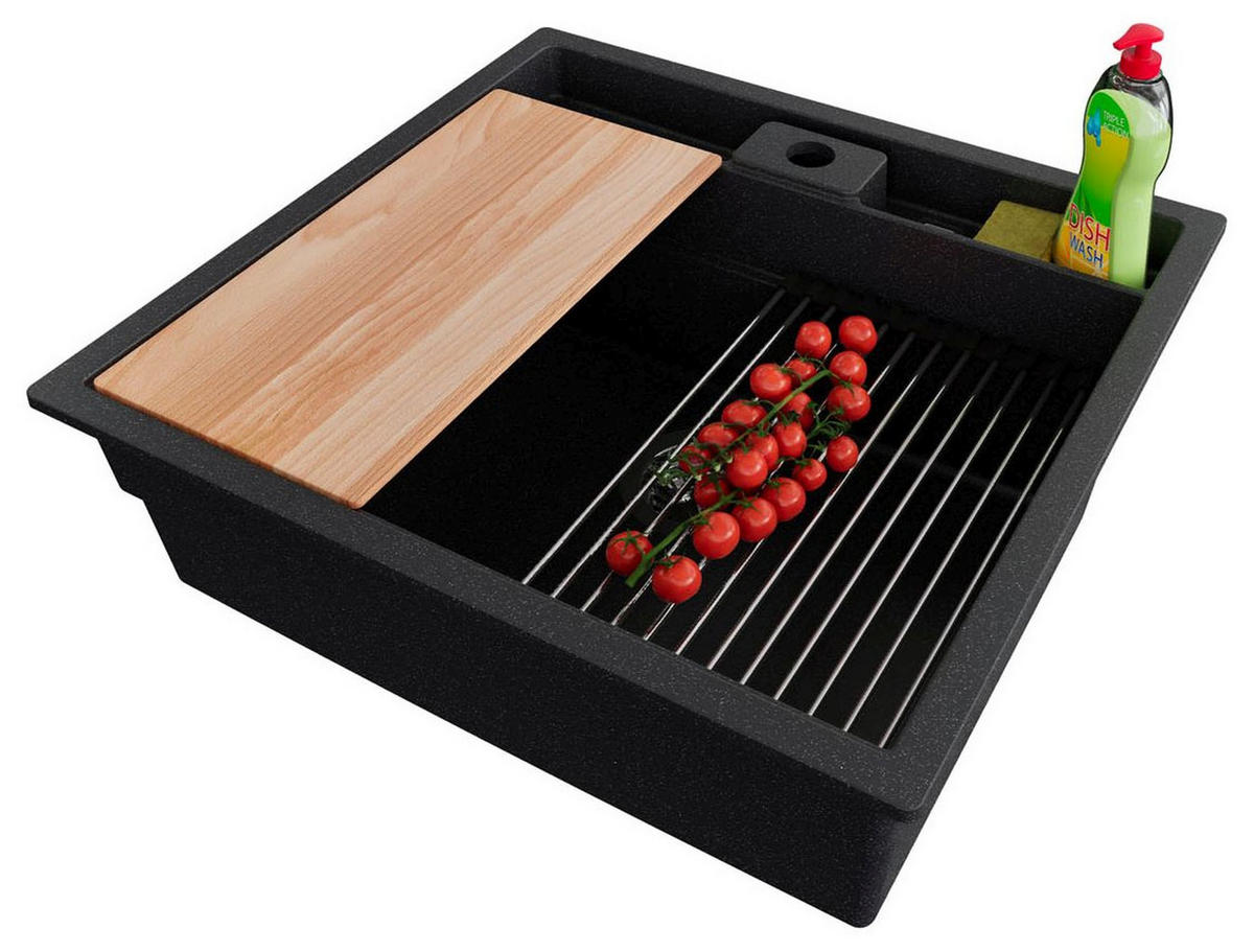 UNTERBAUSPÜLE GRANIT Bergen Pocket, 2-er set Anthrazit 56/54 cm 1 Becken + Ablauf-Set + Küchenzubehörset ab 60er Unterschrank - Chromfarben/Anthrazit, Kunststoff (56/20/54cm) - Primagran