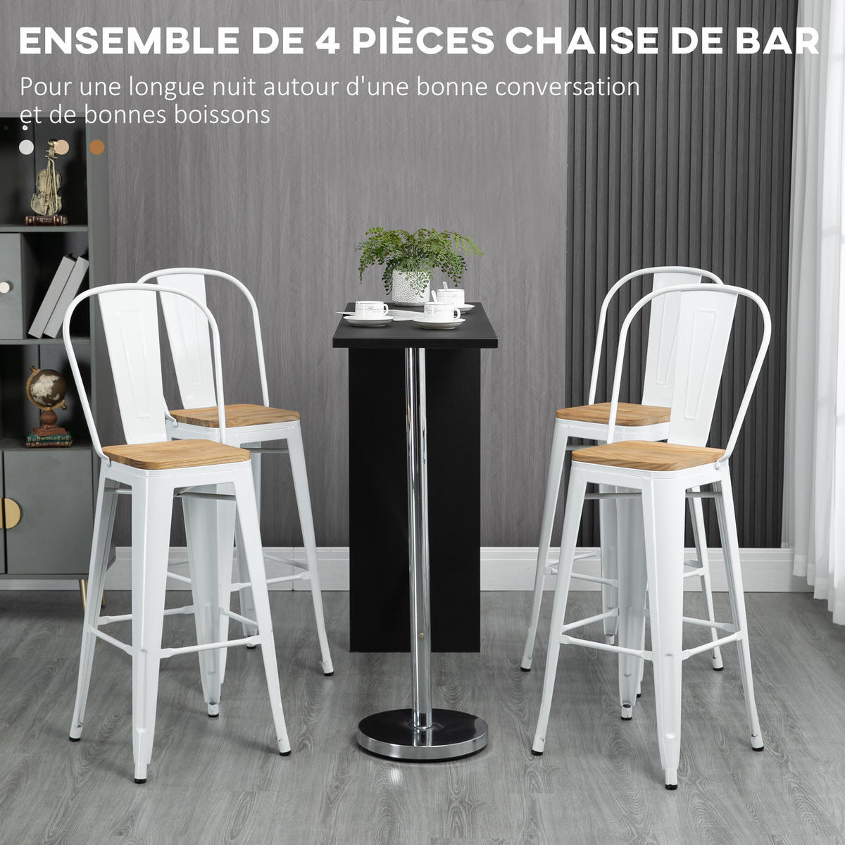 BARHOCKER 4er-Set DE-14711 industriell mit Rückenlehne & Fußstütze Weiß - Creme, Metall (48/117/44cm) - ComfortXL
