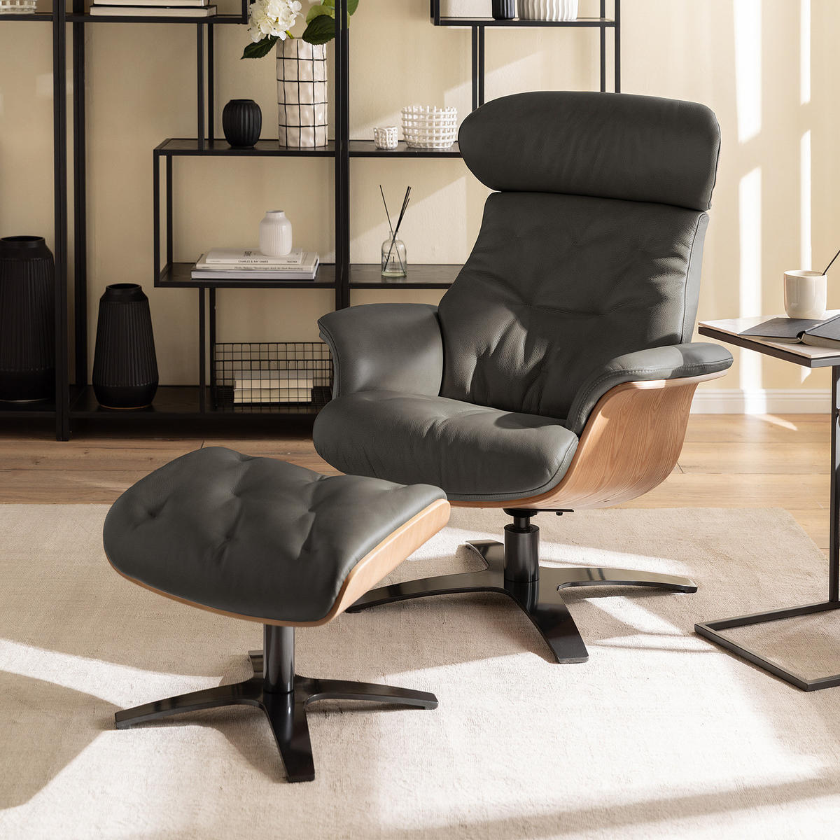 RELAXSESSEL - Dunkelgrau, Leder/Holz (79/100/84cm) - home24
