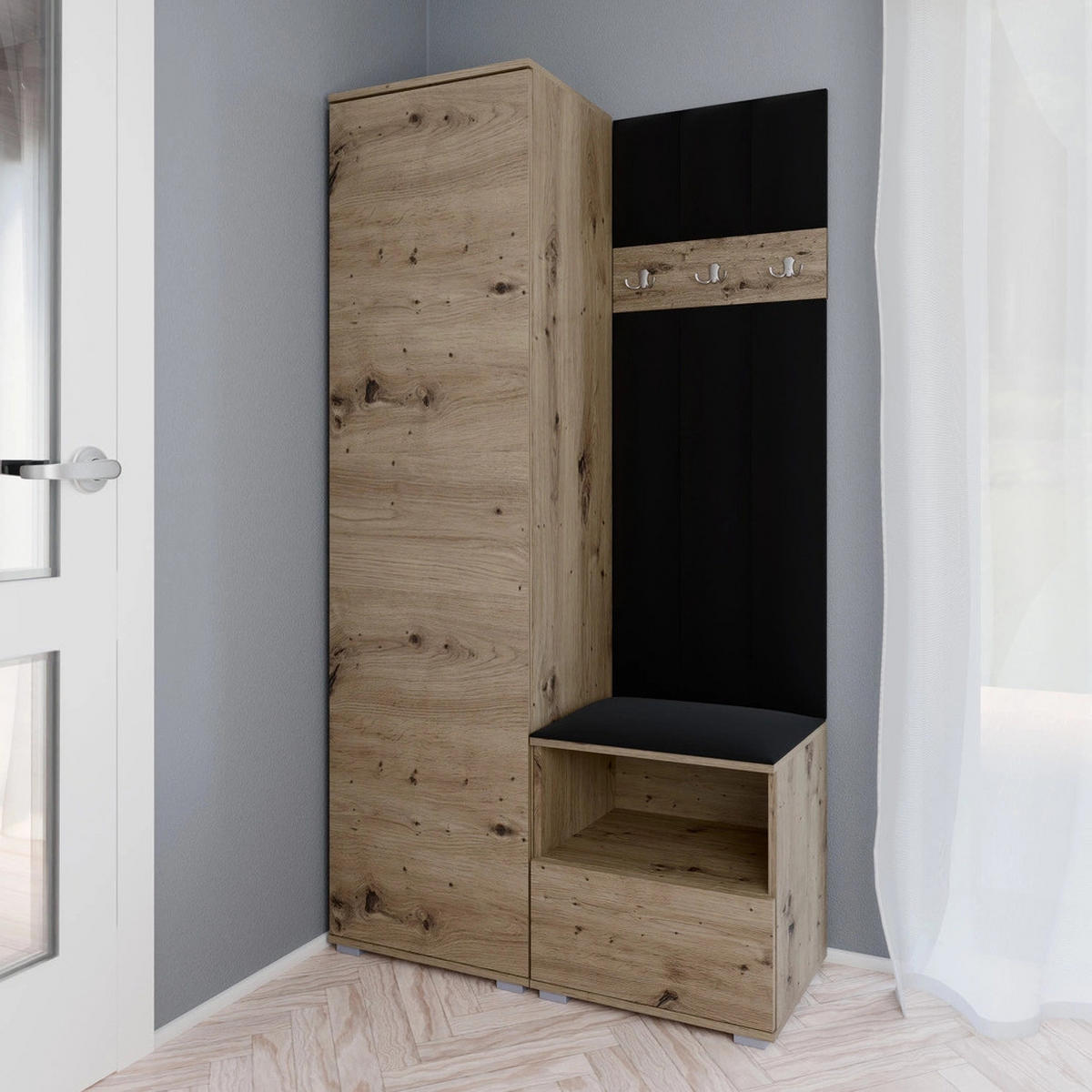 GEPOLSTERT Garderoben-Set Nela I LUX (Eiche Artisan + Stoff Trinity 16) - Silberfarben/Schwarz, Holz/Holzwerkstoff (100/187/40cm) - Ravio