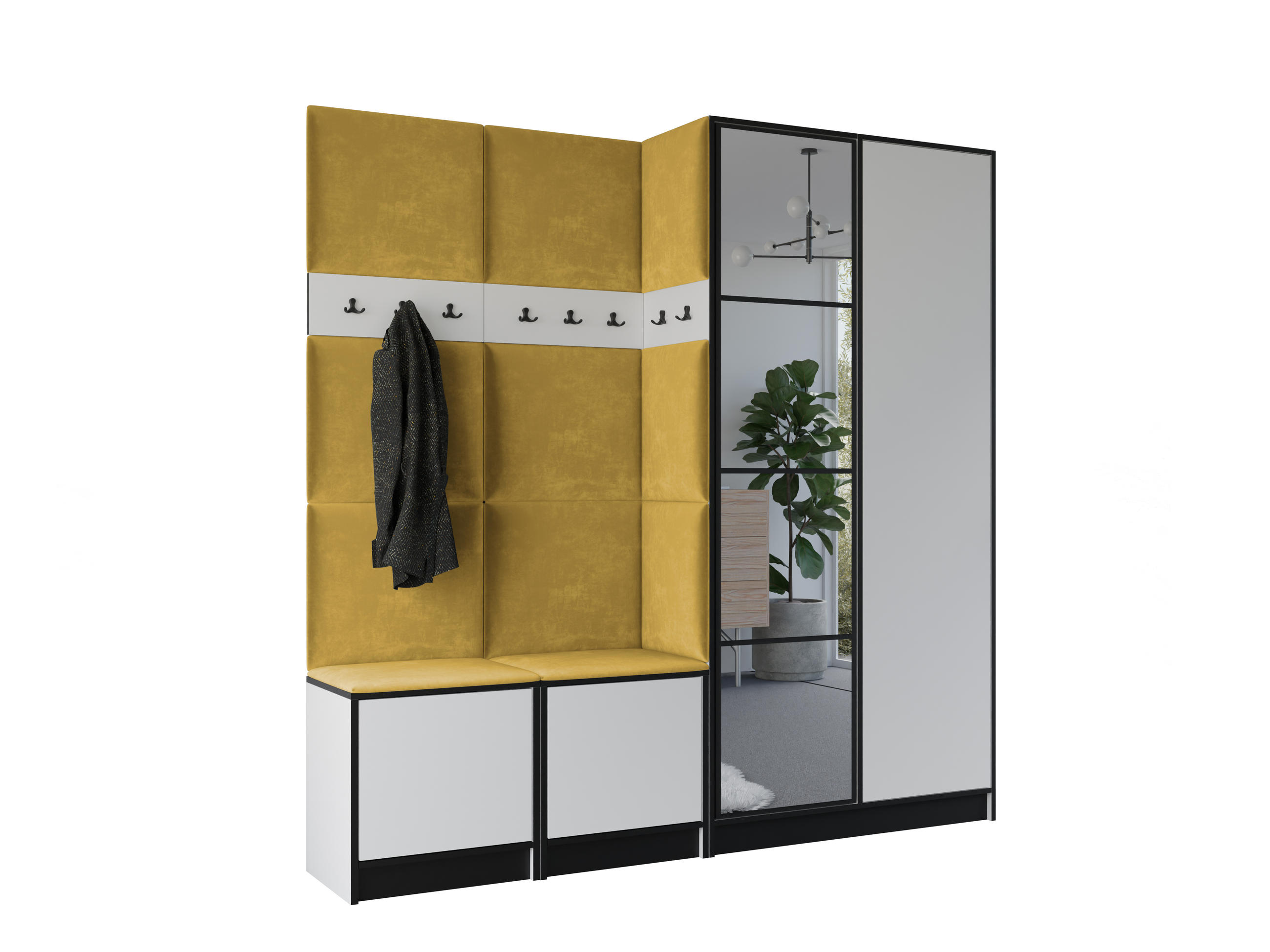 GARDEROBENSCHRANK EDEN 21 mit Spiegel - Weiß - Stoff Gelb - Gelb/Weiß, Holzwerkstoff (211/205/39cm) - Kier Furniture