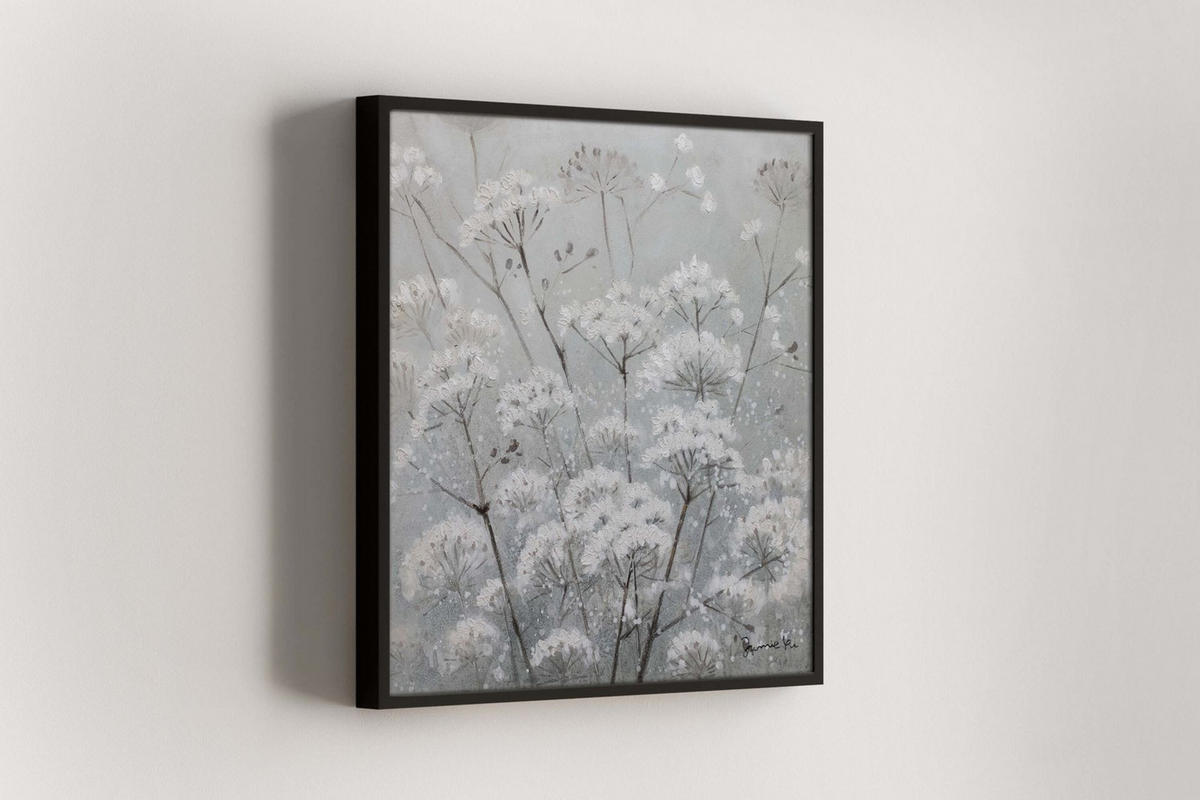 RUČNE MAĽOVANÝ AKRYLOVÝ OBRAZ 80/80 cm, biely/sivý, prírodný a botanický motív - sivá/biela, drevo/textil (80/80cm) - KUNSTLOFT