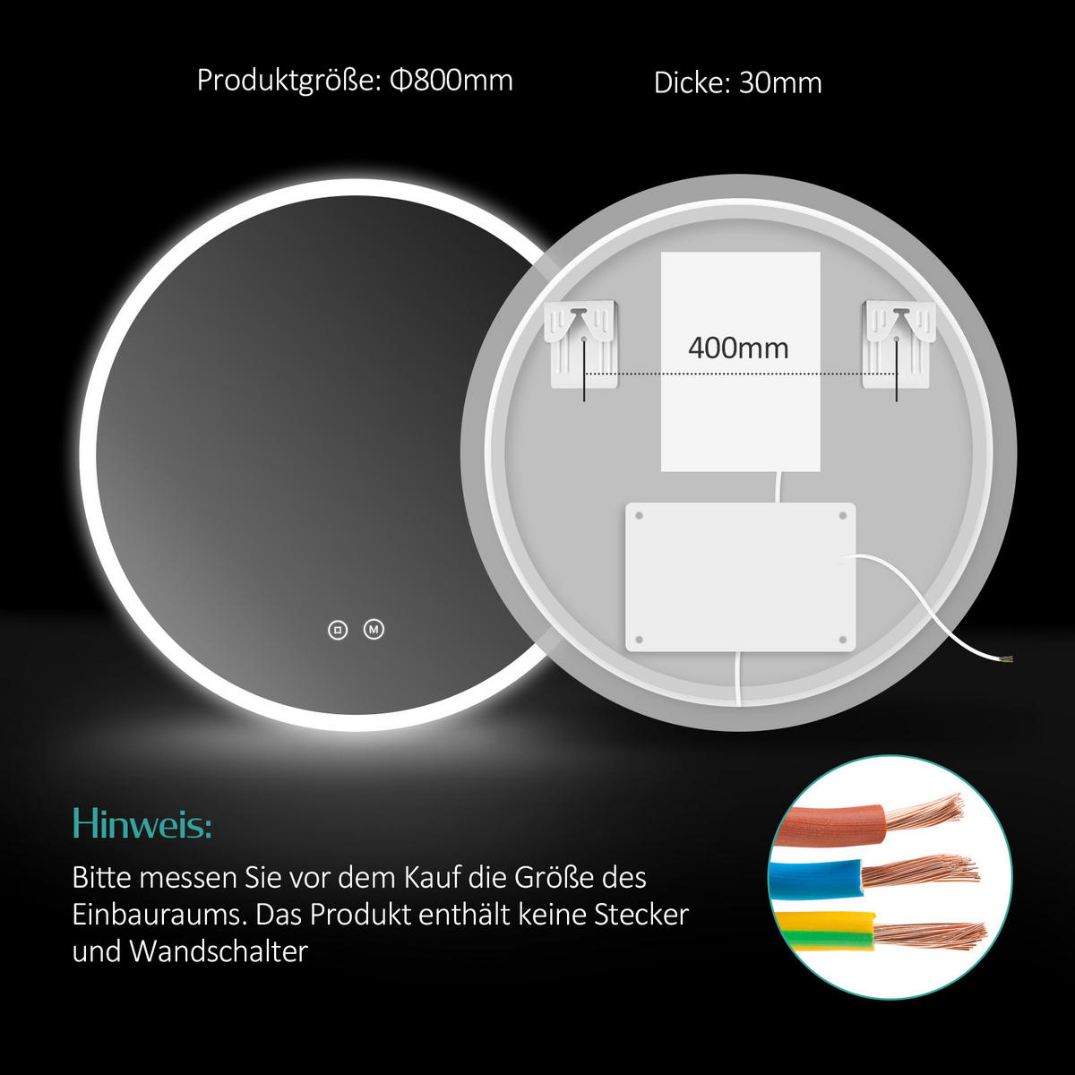 BADSPIEGEL mit Beleuchtung 3 Lichtfarben einstellbar beschlagfrei ф80 cm - Weiß, Glas (80/3.5/80cm) - EMKE