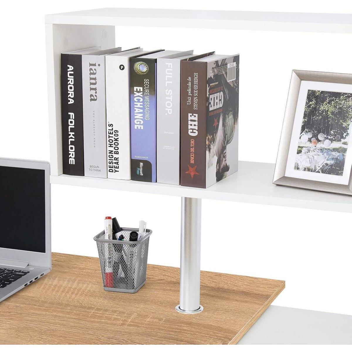 COMPUTERTISCH L-Form mit drehbarem Bücherregal Eiche/Weiß 157 x 45 x 130,5 cm - Multicolor, Holzwerkstoff (45/157/130.5cm)