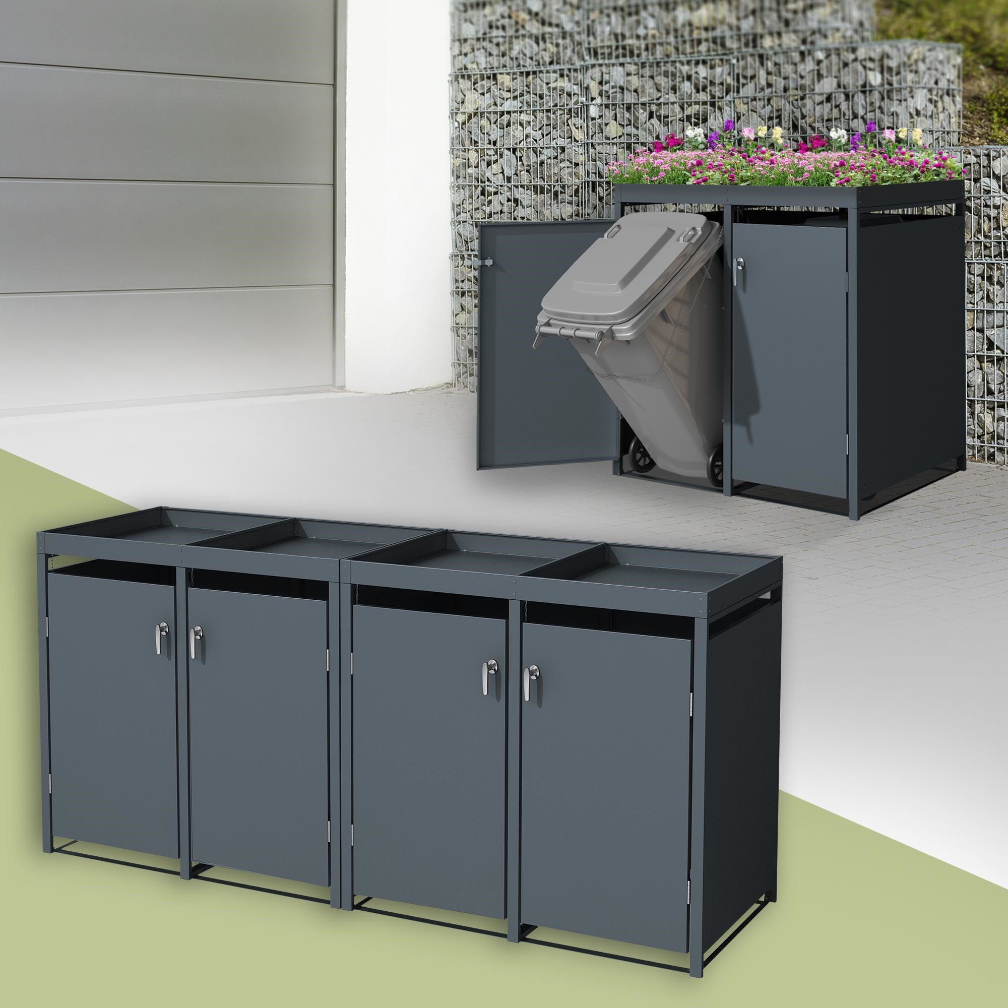 MÜLLTONNENBOX 4er mit Pflanzdach Anthrazit - Anthrazit, Metall (80/124/264cm) - ML-DESIGN