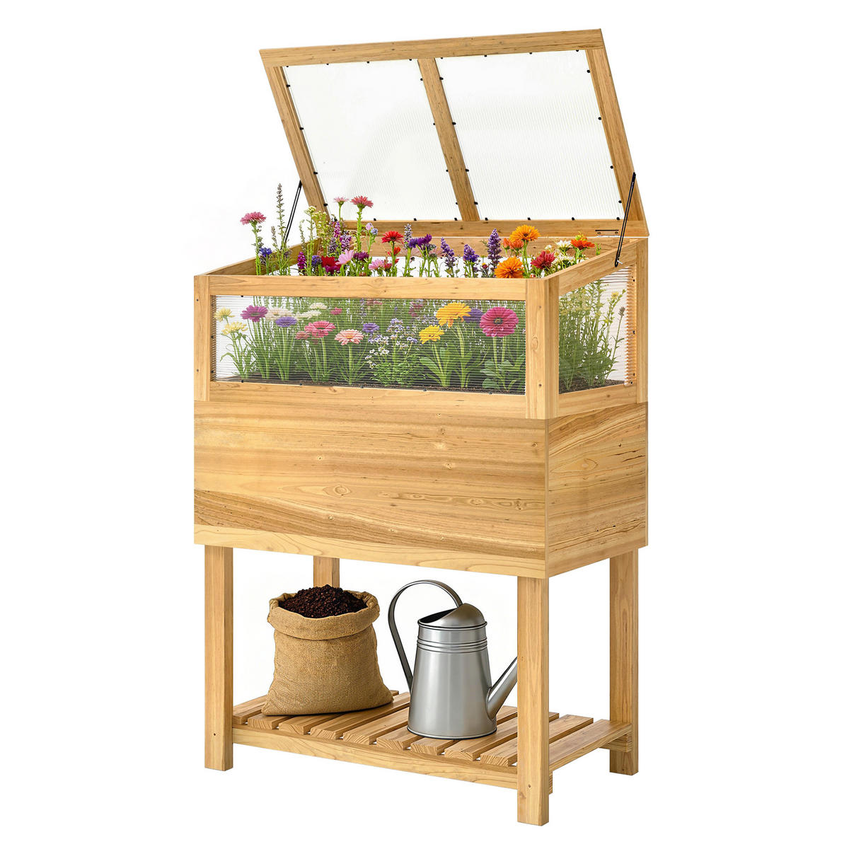 HOCHBEET DE-07826 2-in-1 mit Frühbeet, aufklappbare Abdeckung Natur - Naturfarben, Holz (80/108.5/45cm) - ComfortXL